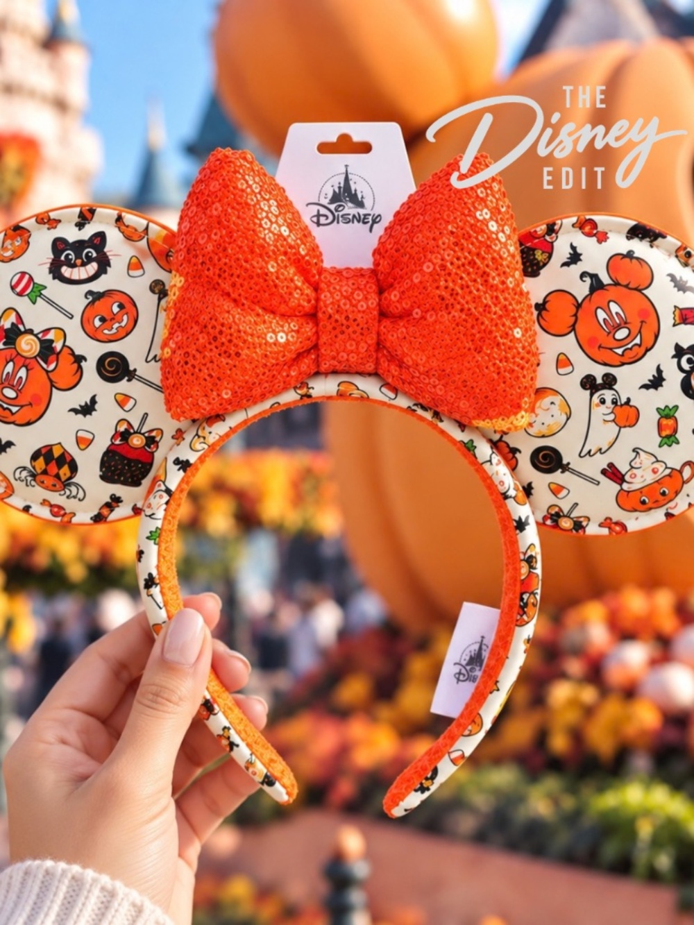 Disney Parks Halloween Minnie Mouse Ear Headband Orange Sequin Bow NWT - Picture 2 of 5